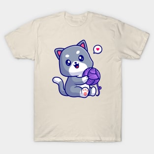 Cute Cat Playing Yarn Ball Cartoon T-Shirt